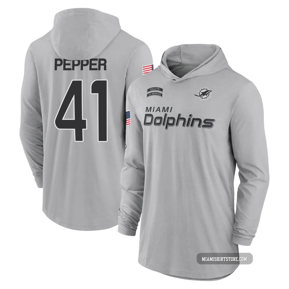 Men's Taybor Pepper Miami Dolphins ＃41 Gray 2024 Salute to Service Lightweight Performance Long Sleeve Hooded T-Shirt