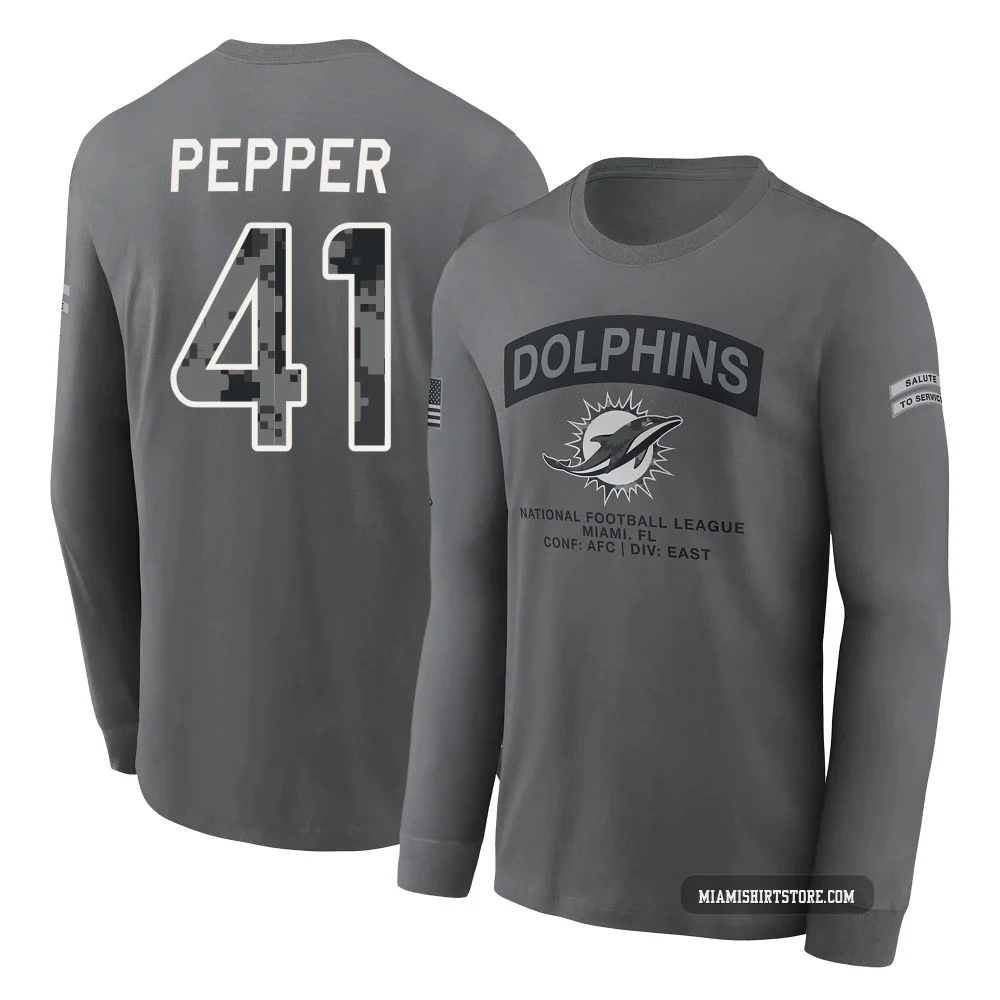 Men's Taybor Pepper Miami Dolphins ＃41 Gray 2026 Salute to Service Long Sleeve T-Shirt