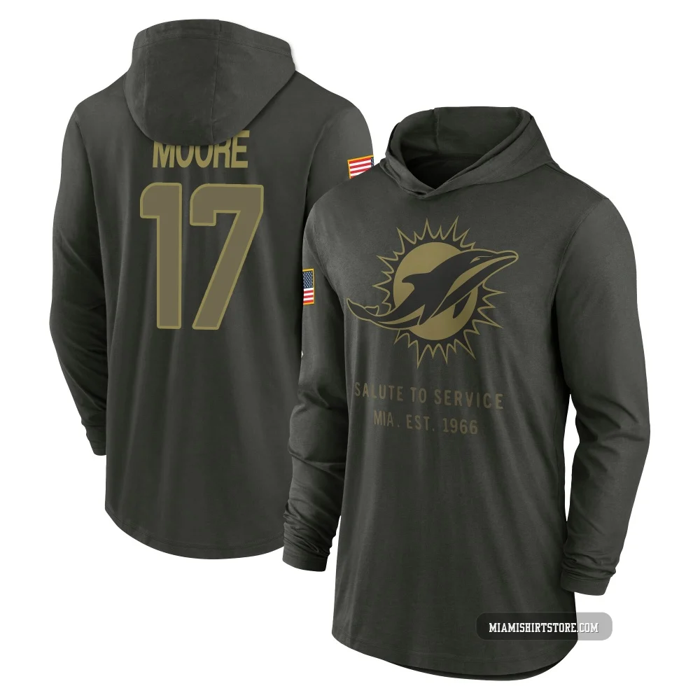 Men's Trey Moore Miami Dolphins ＃17 Forest/Green 2025 Salute to Service Sideline Lightweight Hooded Pullover Long Sleeve T-Shirt