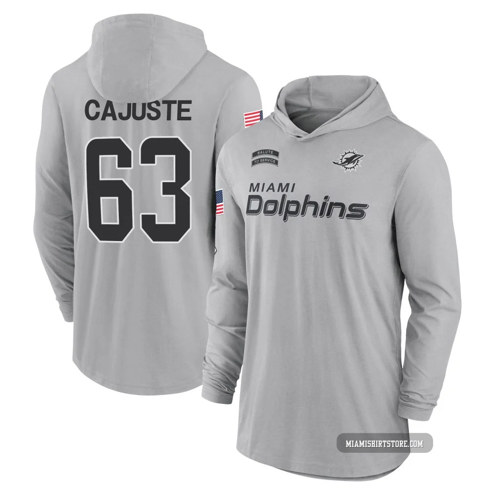 Men's Yodny Cajuste Miami Dolphins ＃63 Gray 2024 Salute to Service Lightweight Performance Long Sleeve Hooded T-Shirt