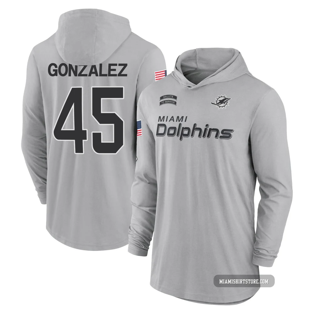 Men's Zane Gonzalez Miami Dolphins ＃45 Gray 2024 Salute to Service Lightweight Performance Long Sleeve Hooded T-Shirt