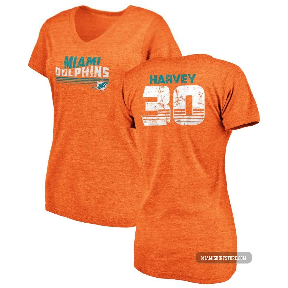 Women's Ahmari Harvey Miami Dolphins ＃30 Orange Pro Line by Retro Tri-Blend V-Neck T-Shirt -