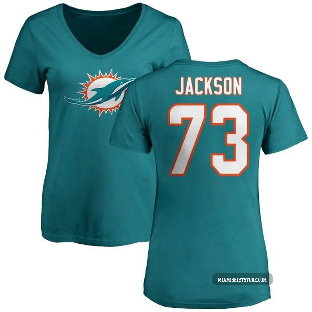 Women's Austin Jackson Miami Dolphins ＃73 Aqua Pro Line Name & Number Logo Slim Fit T-Shirt -