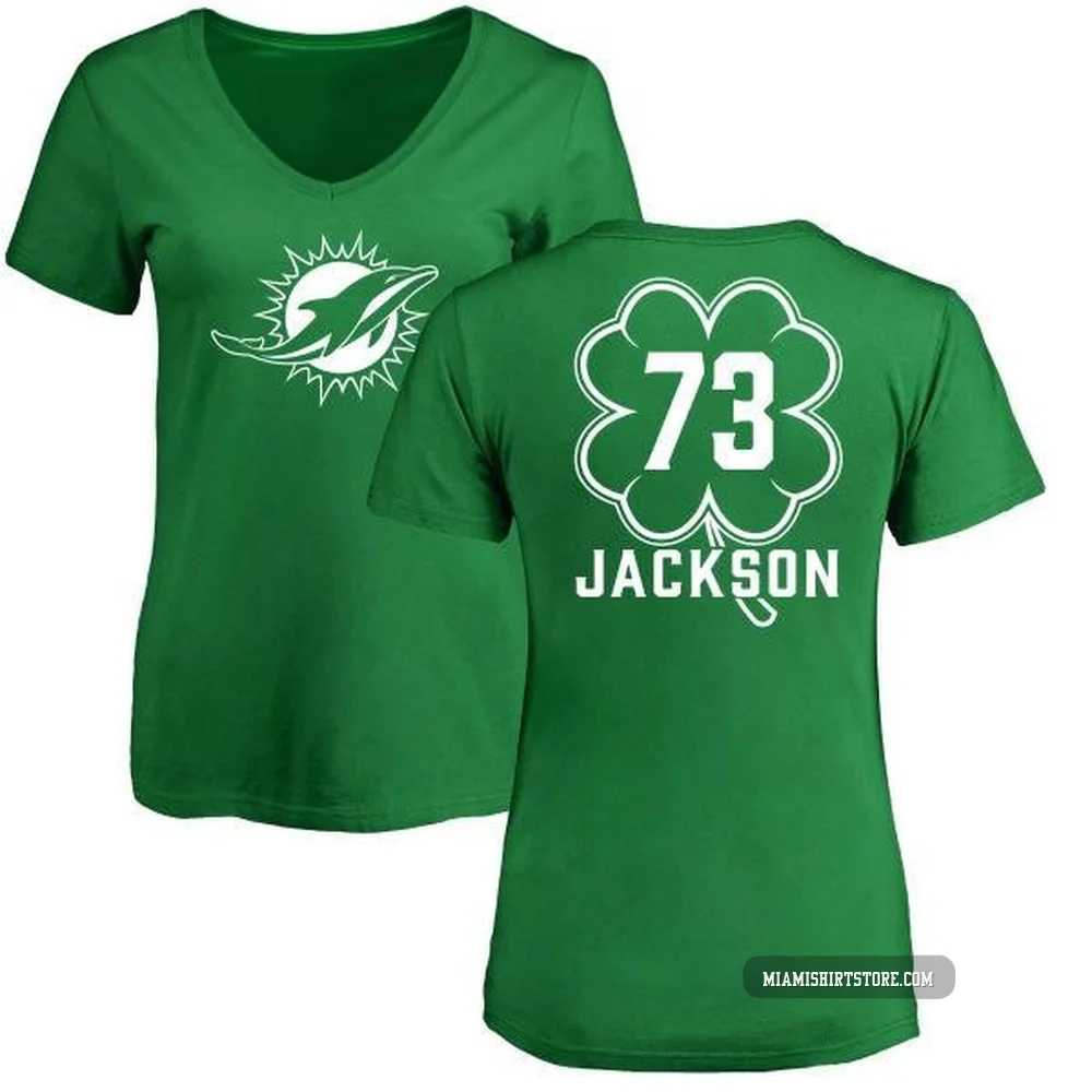 Women's Austin Jackson Miami Dolphins ＃73 Green St. Patrick's Day Name & Number V-Neck T-Shirt