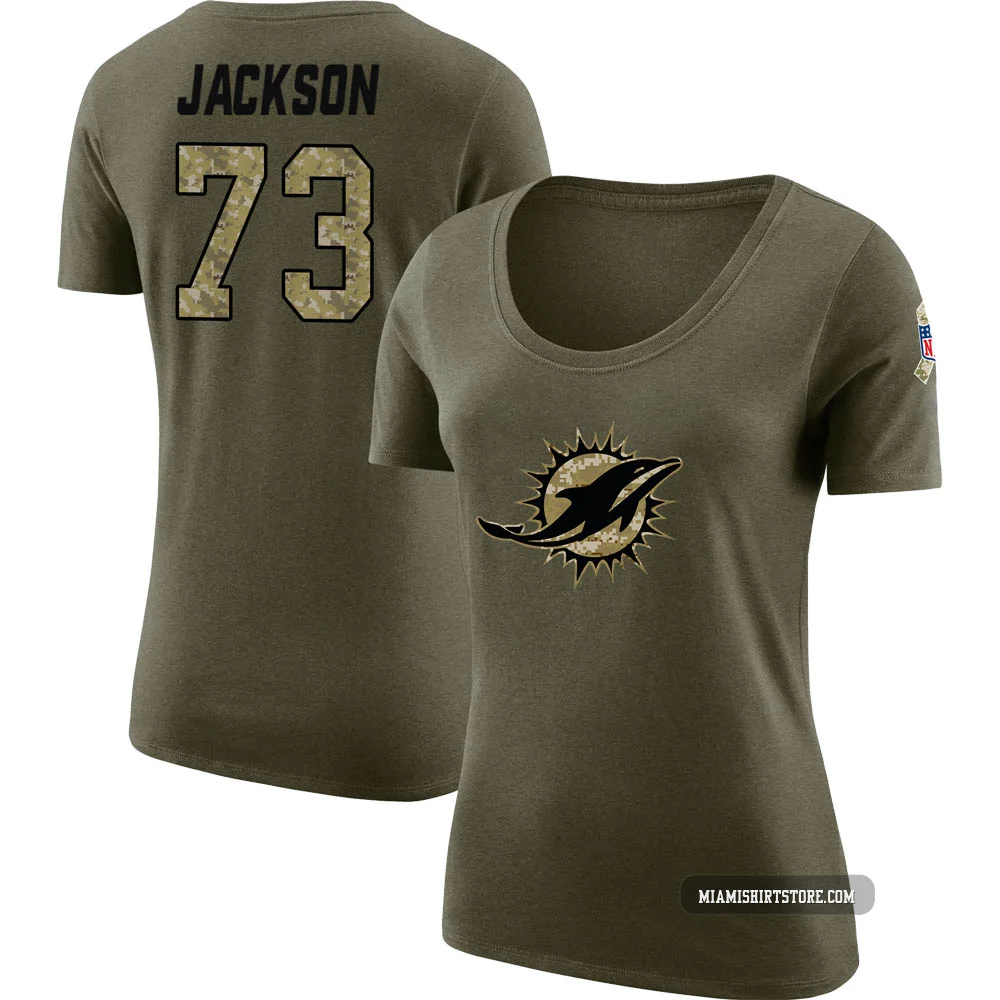 Women's Austin Jackson Miami Dolphins ＃73 Legend Olive Salute to Service Scoop Neck T-Shirt