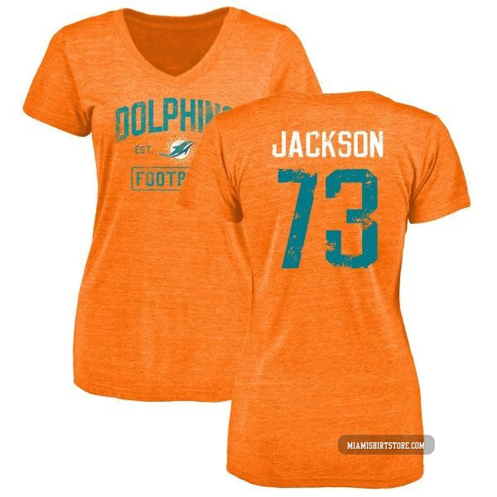 Women's Austin Jackson Miami Dolphins ＃73 Orange Distressed Name & Number Tri-Blend V-Neck T-Shirt