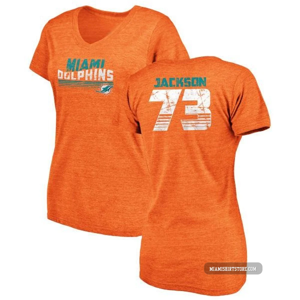 Women's Austin Jackson Miami Dolphins ＃73 Orange Pro Line by Retro Tri-Blend V-Neck T-Shirt -