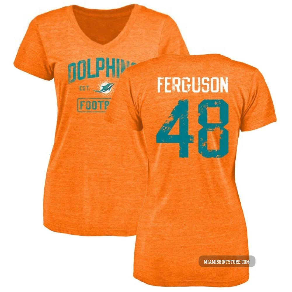 Women's Blake Ferguson Miami Dolphins ＃48 Orange Distressed Name & Number Tri-Blend V-Neck T-Shirt
