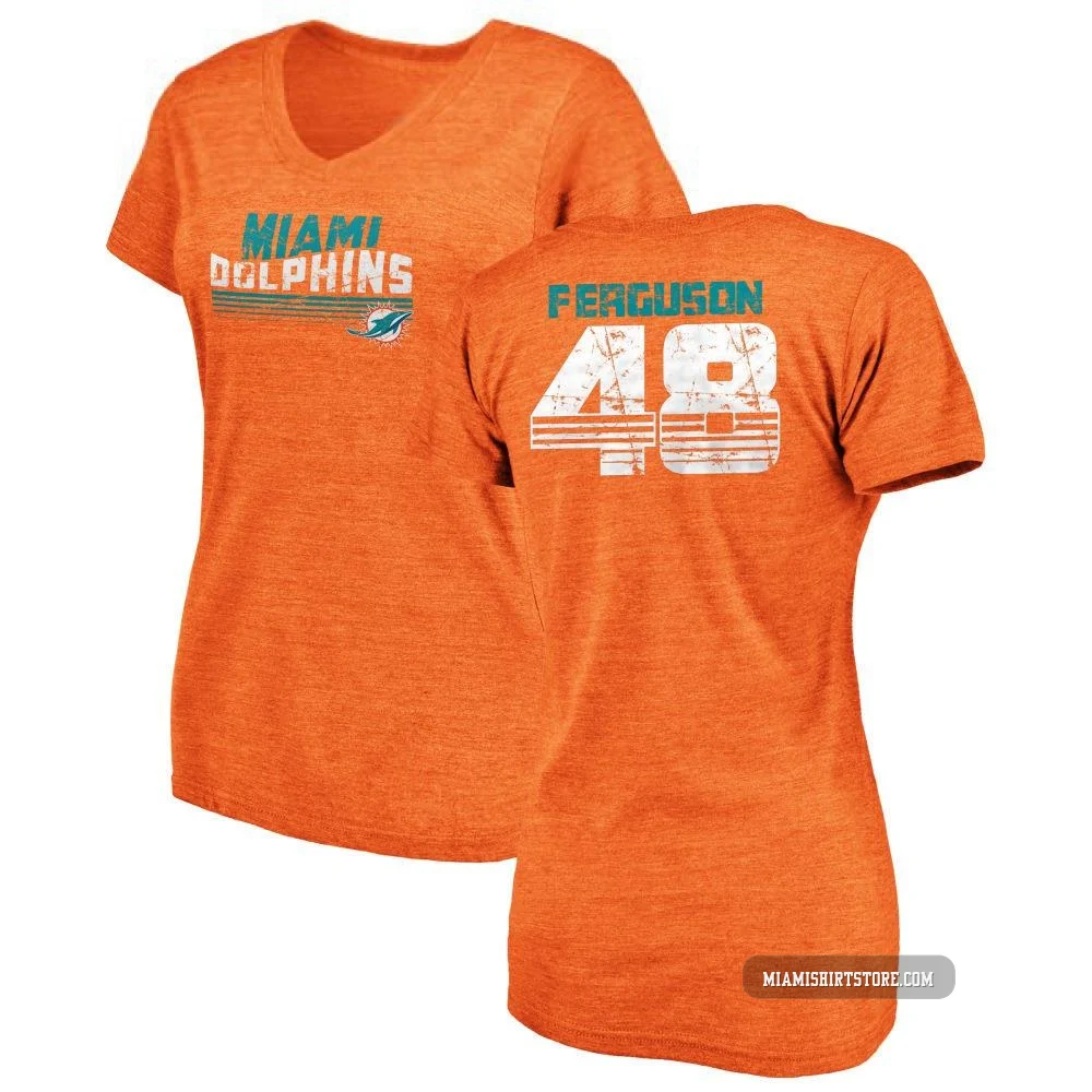 Women's Blake Ferguson Miami Dolphins ＃48 Orange Pro Line by Retro Tri-Blend V-Neck T-Shirt -