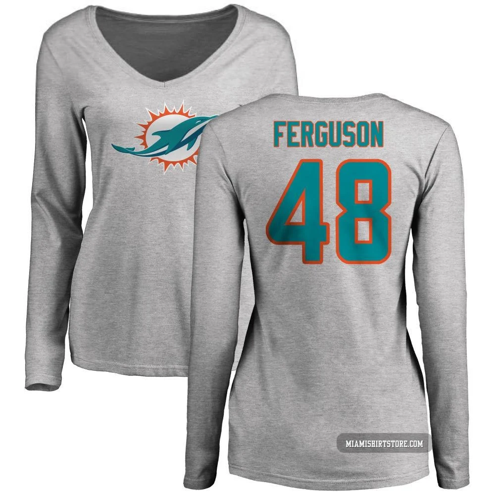 Women's Blake Ferguson Miami Dolphins ＃48 Pro Line Name & Number Logo Slim Fit Long Sleeve T-Shirt - Ash