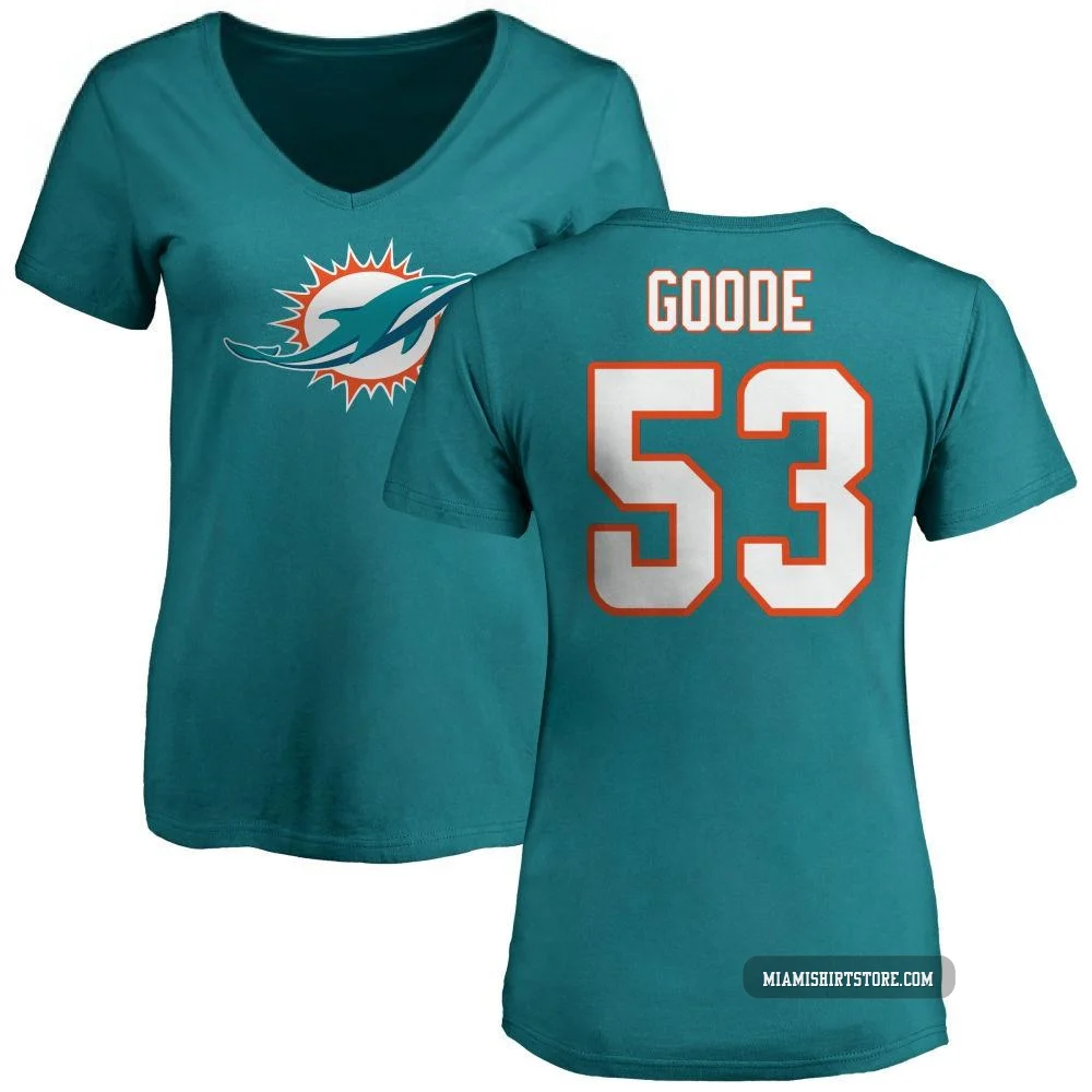 Women's Cameron Goode Miami Dolphins ＃53 Aqua Pro Line Name & Number Logo Slim Fit T-Shirt -