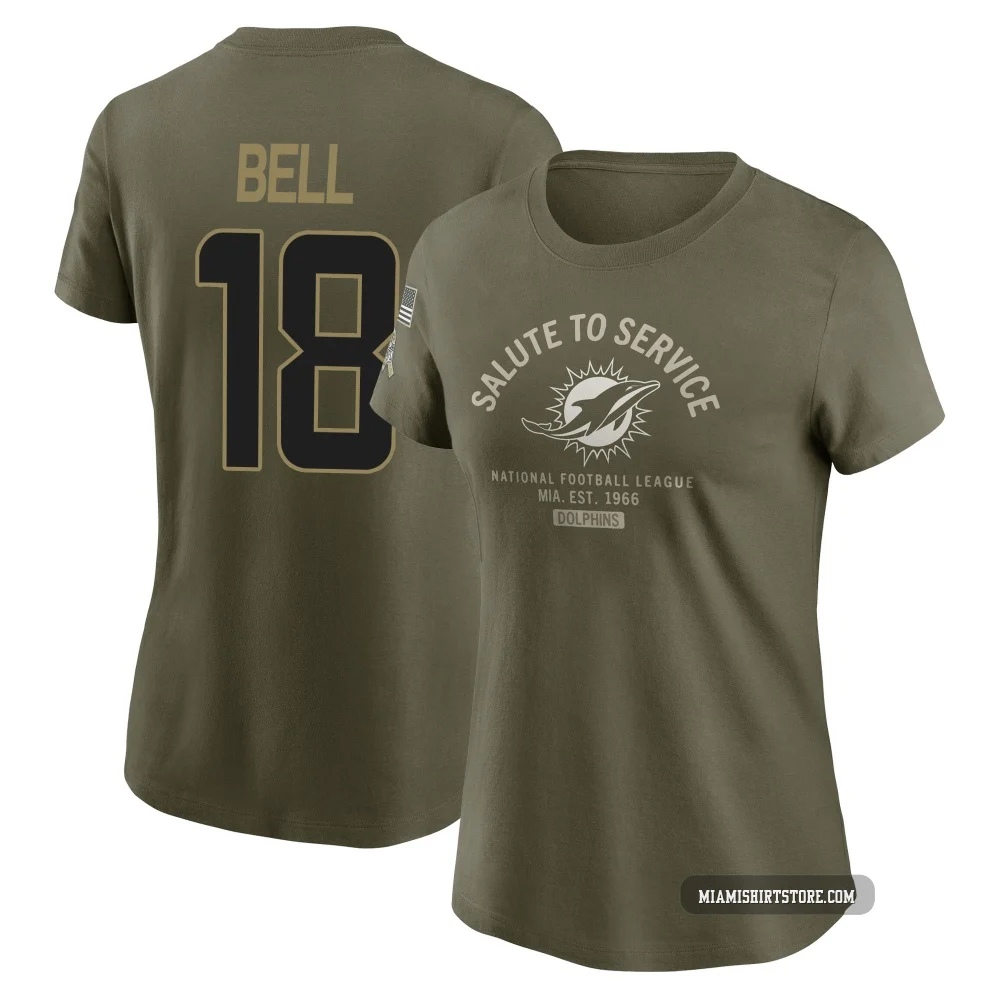 Women's Chris Bell Miami Dolphins ＃18 Olive 2025 Salute to Service Sideline T-Shirt