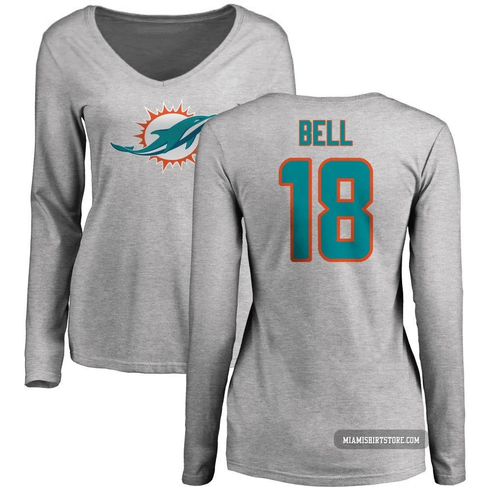 Women's Chris Bell Miami Dolphins ＃18 Pro Line Name & Number Logo Slim Fit Long Sleeve T-Shirt - Ash