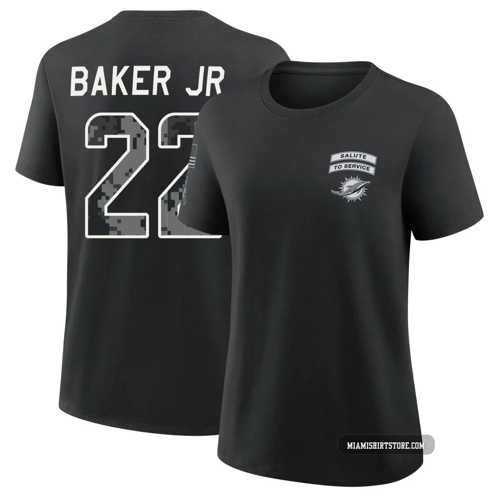 Women's Darrell Baker Jr. Miami Dolphins ＃22 Black 2026 Salute to Service T-Shirt