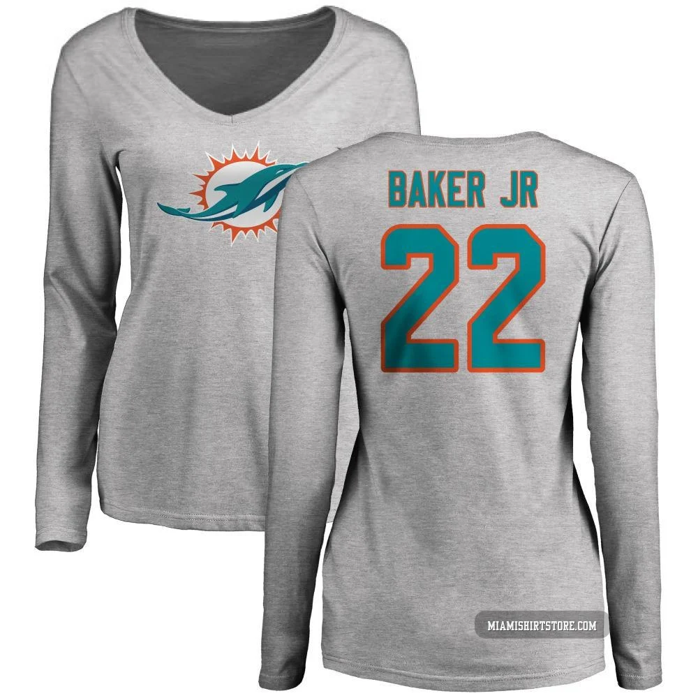 Women's Darrell Baker Jr. Miami Dolphins ＃22 Pro Line Name & Number Logo Slim Fit Long Sleeve T-Shirt - Ash