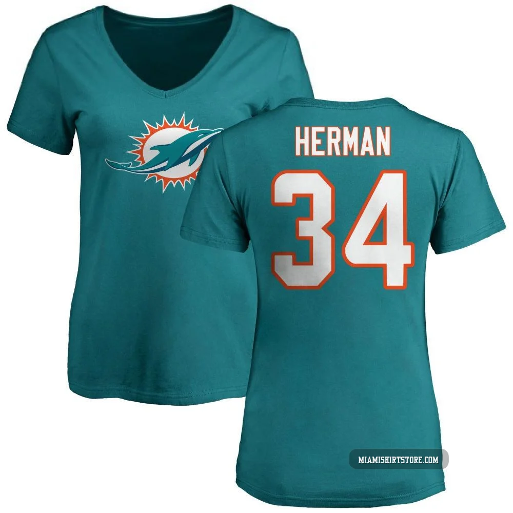 Women's DJ Herman Miami Dolphins ＃34 Aqua Pro Line Name & Number Logo Slim Fit T-Shirt -