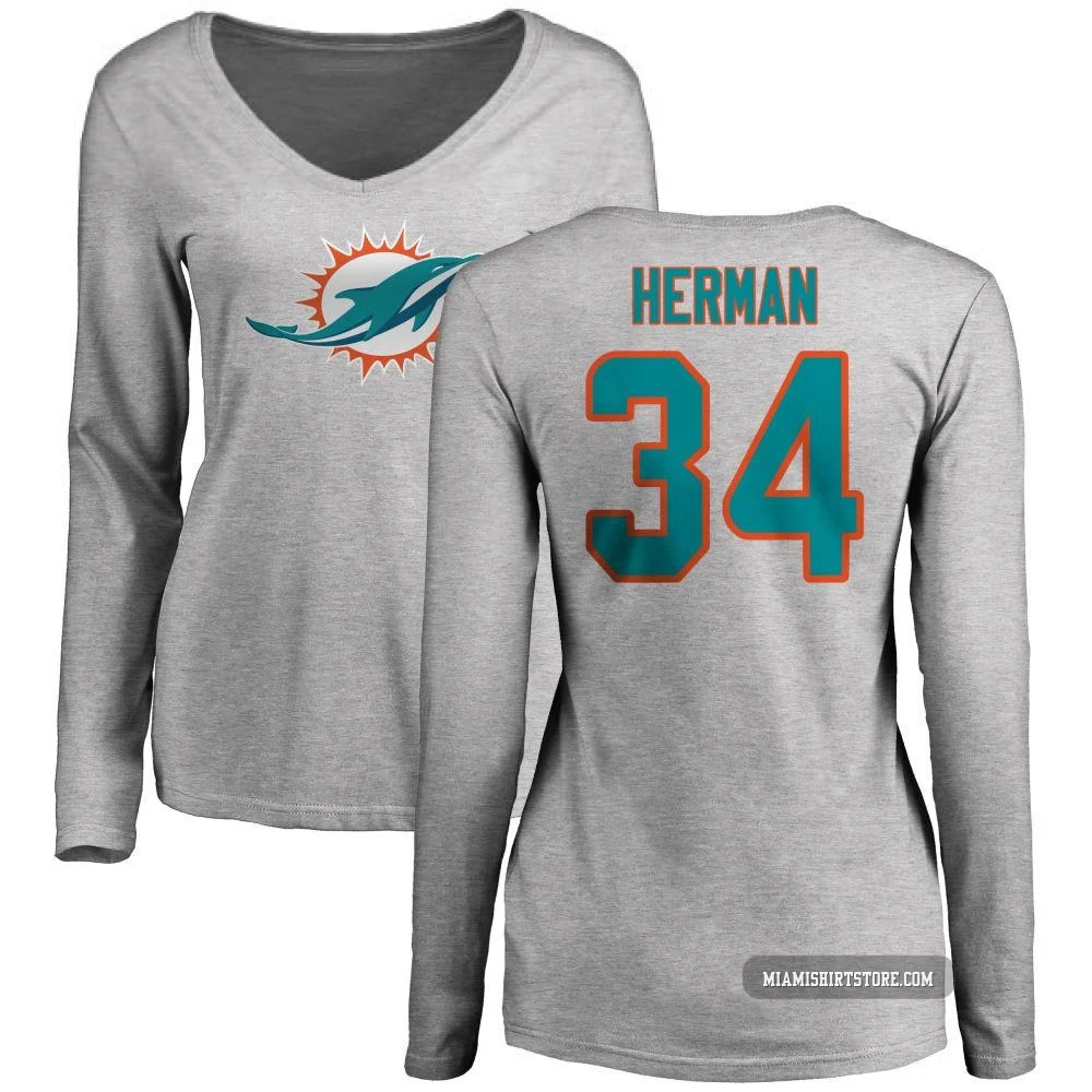 Women's DJ Herman Miami Dolphins ＃34 Pro Line Name & Number Logo Slim Fit Long Sleeve T-Shirt - Ash