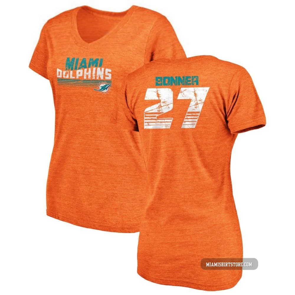Women's Ethan Bonner Miami Dolphins ＃27 Orange Pro Line by Retro Tri-Blend V-Neck T-Shirt -