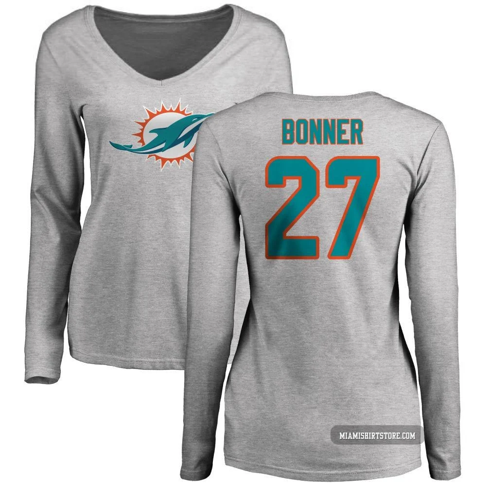 Women's Ethan Bonner Miami Dolphins ＃27 Pro Line Name & Number Logo Slim Fit Long Sleeve T-Shirt - Ash
