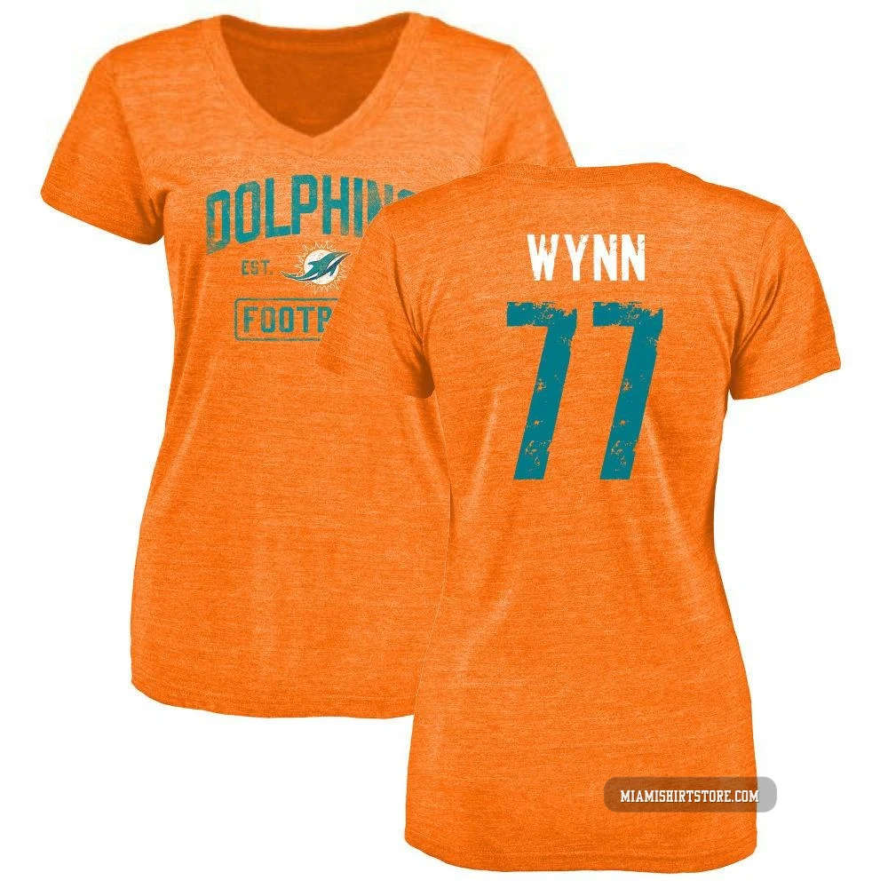 Women's Isaiah Wynn Miami Dolphins ＃77 Orange Distressed Name & Number Tri-Blend V-Neck T-Shirt
