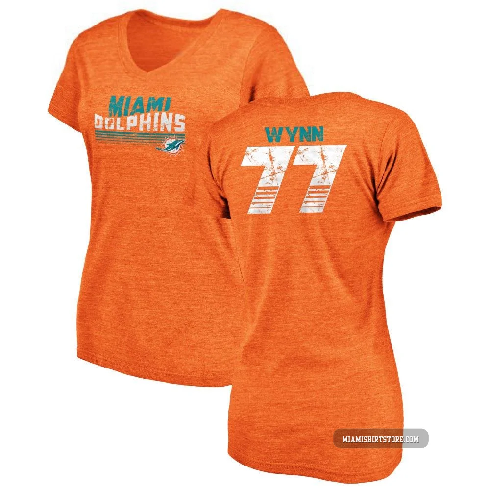 Women's Isaiah Wynn Miami Dolphins ＃77 Orange Pro Line by Retro Tri-Blend V-Neck T-Shirt -
