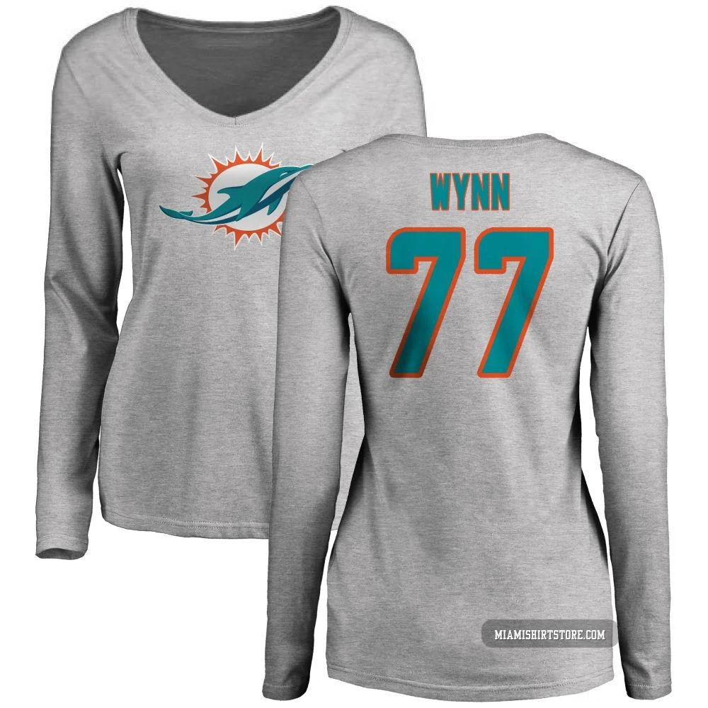 Women's Isaiah Wynn Miami Dolphins ＃77 Pro Line Name & Number Logo Slim Fit Long Sleeve T-Shirt - Ash