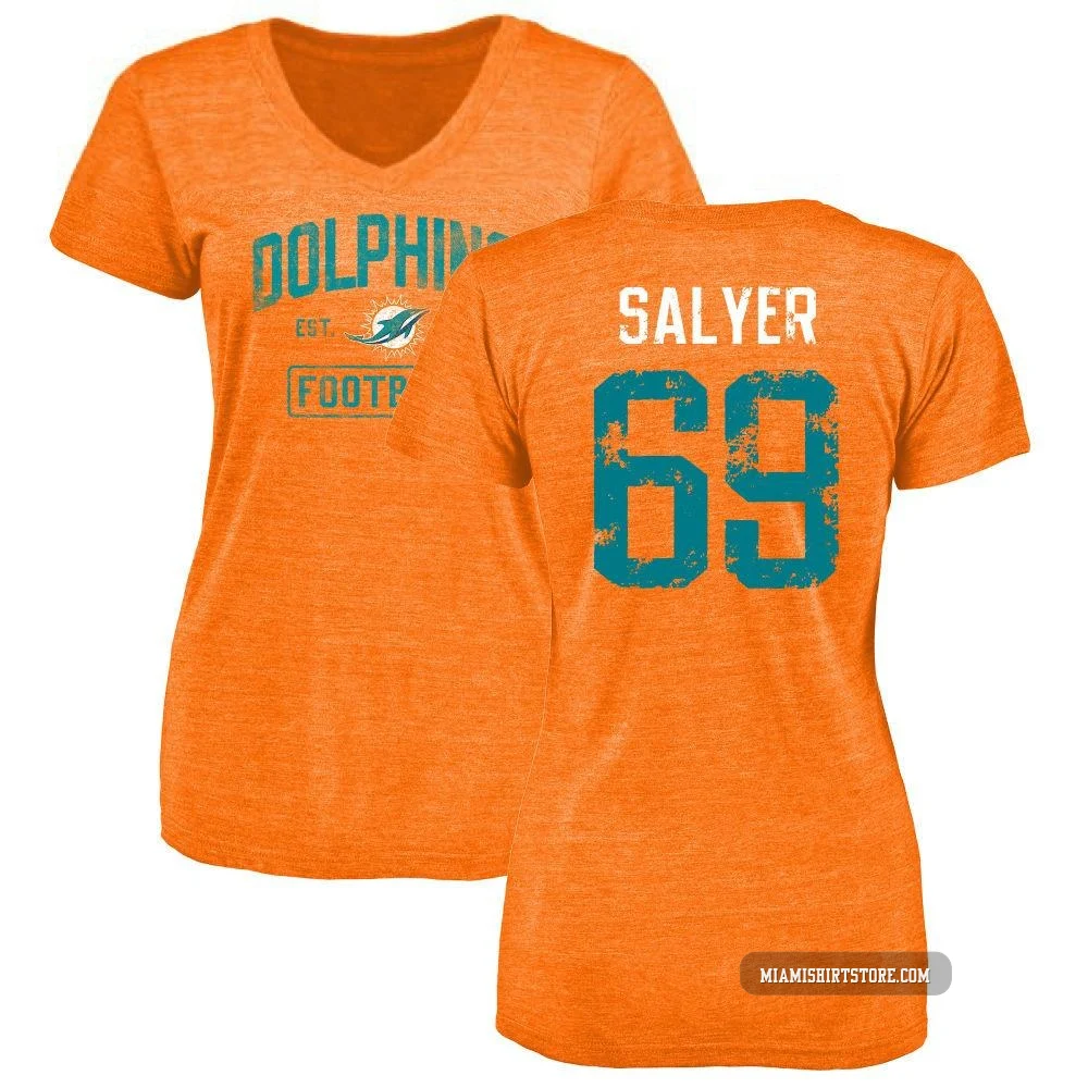 Women's Jamaree Salyer Miami Dolphins ＃69 Orange Distressed Name & Number Tri-Blend V-Neck T-Shirt