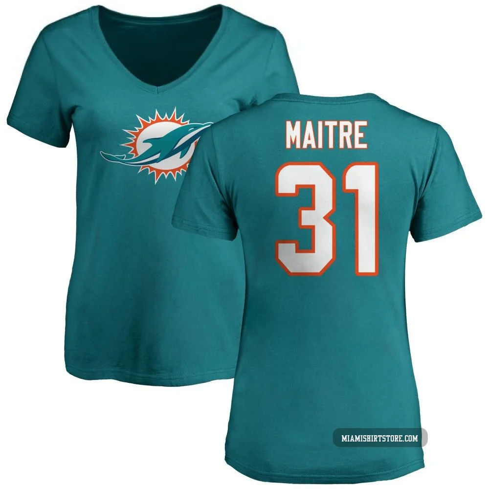 Women's Jason Maitre Miami Dolphins ＃31 Aqua Pro Line Name & Number Logo Slim Fit T-Shirt -