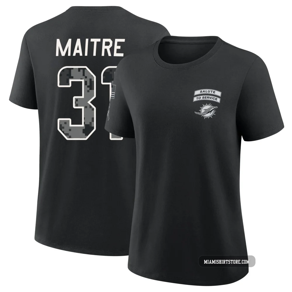 Women's Jason Maitre Miami Dolphins ＃31 Black 2026 Salute to Service T-Shirt