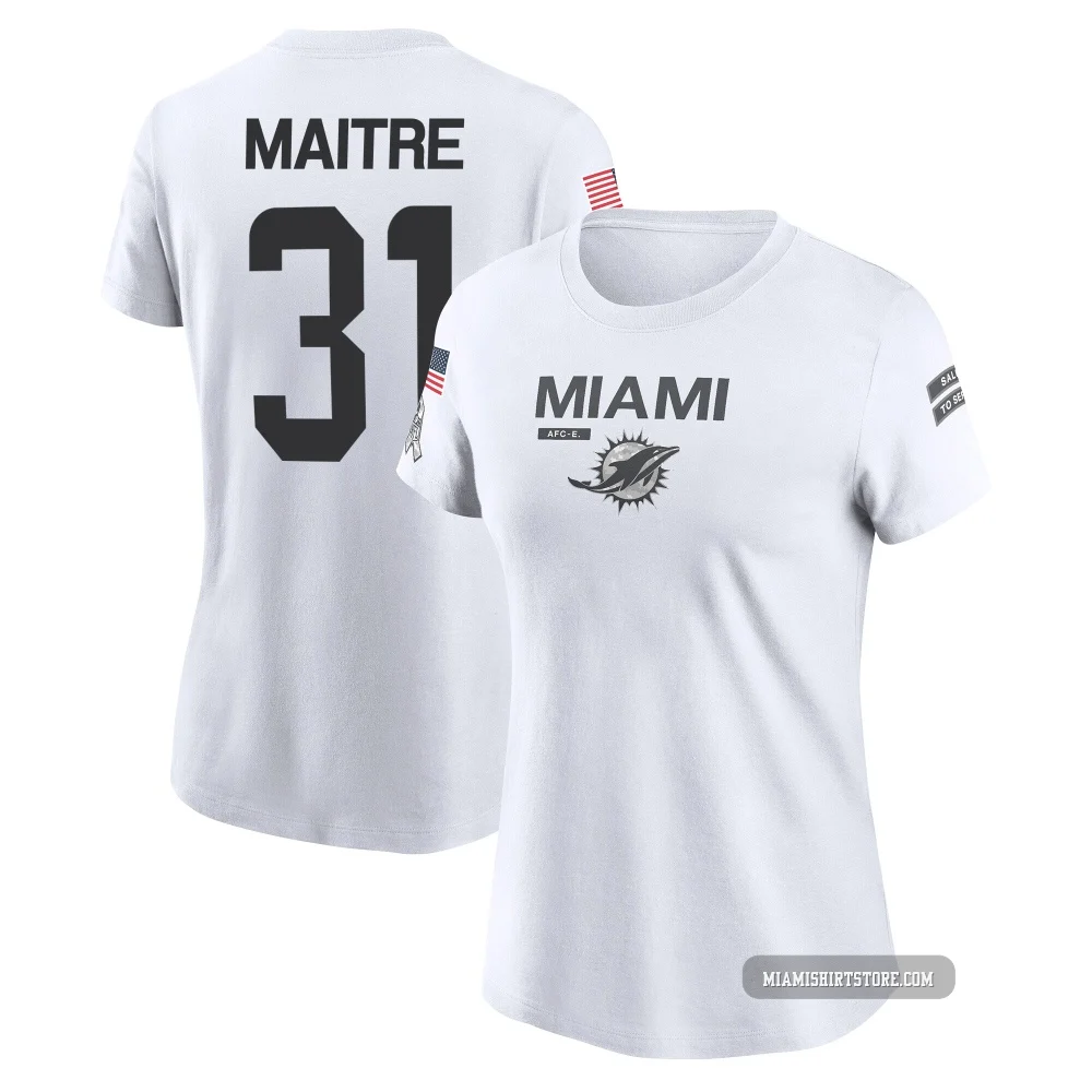 Women's Jason Maitre Miami Dolphins ＃31 Legend White 2024 Salute to Service Performance T-Shirt