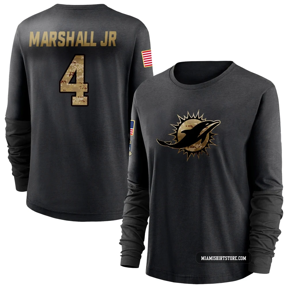 Women's Jason Marshall Jr. Miami Dolphins ＃4 Black 2020 Salute To Service Sideline Performance Long Sleeve T-Shirt