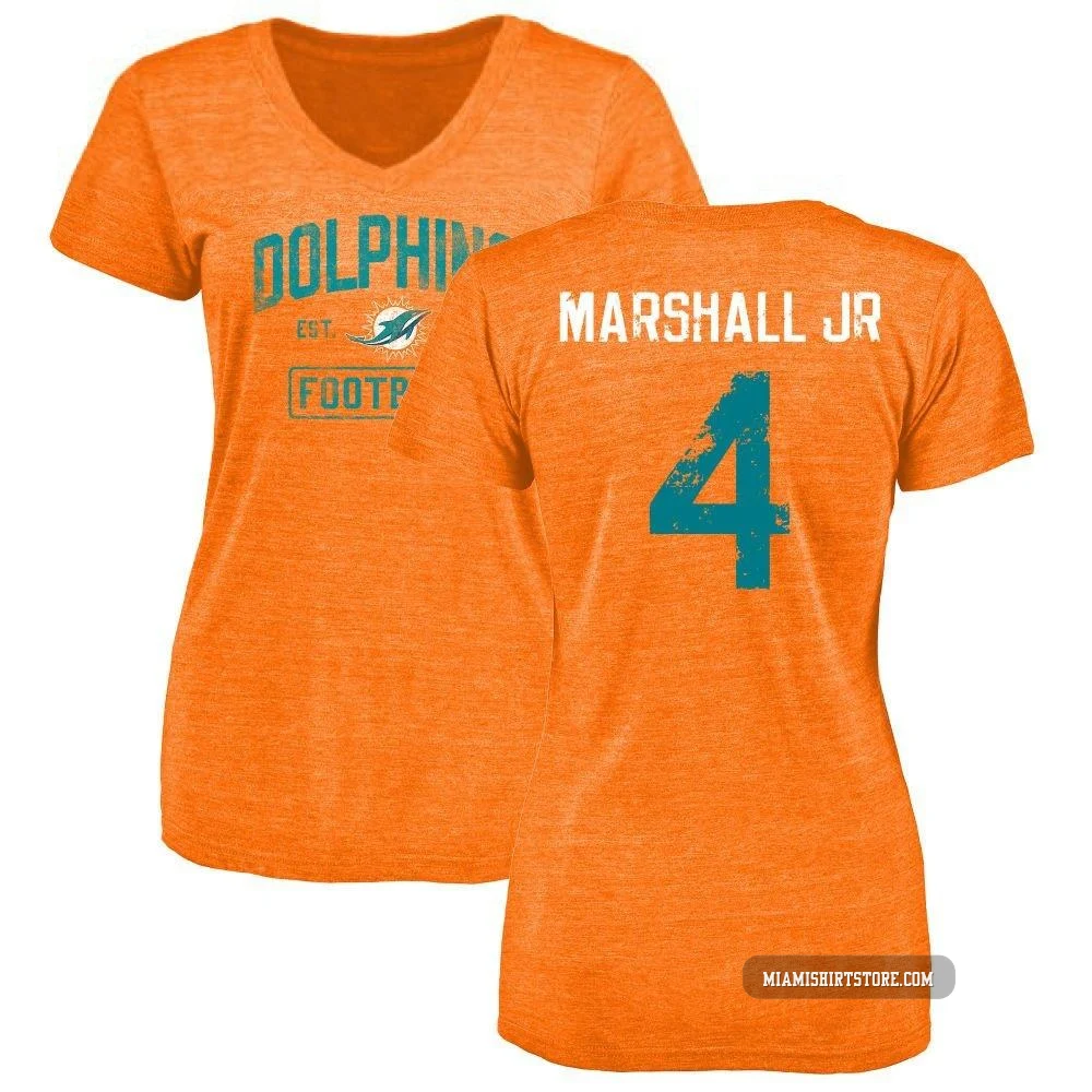 Women's Jason Marshall Jr. Miami Dolphins ＃4 Orange Distressed Name & Number Tri-Blend V-Neck T-Shirt