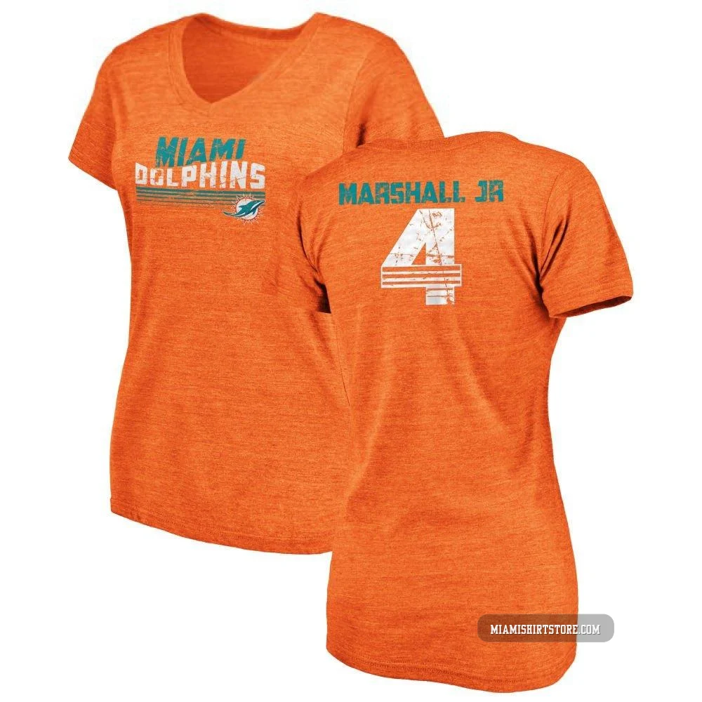 Women's Jason Marshall Jr. Miami Dolphins ＃4 Orange Pro Line by Retro Tri-Blend V-Neck T-Shirt -