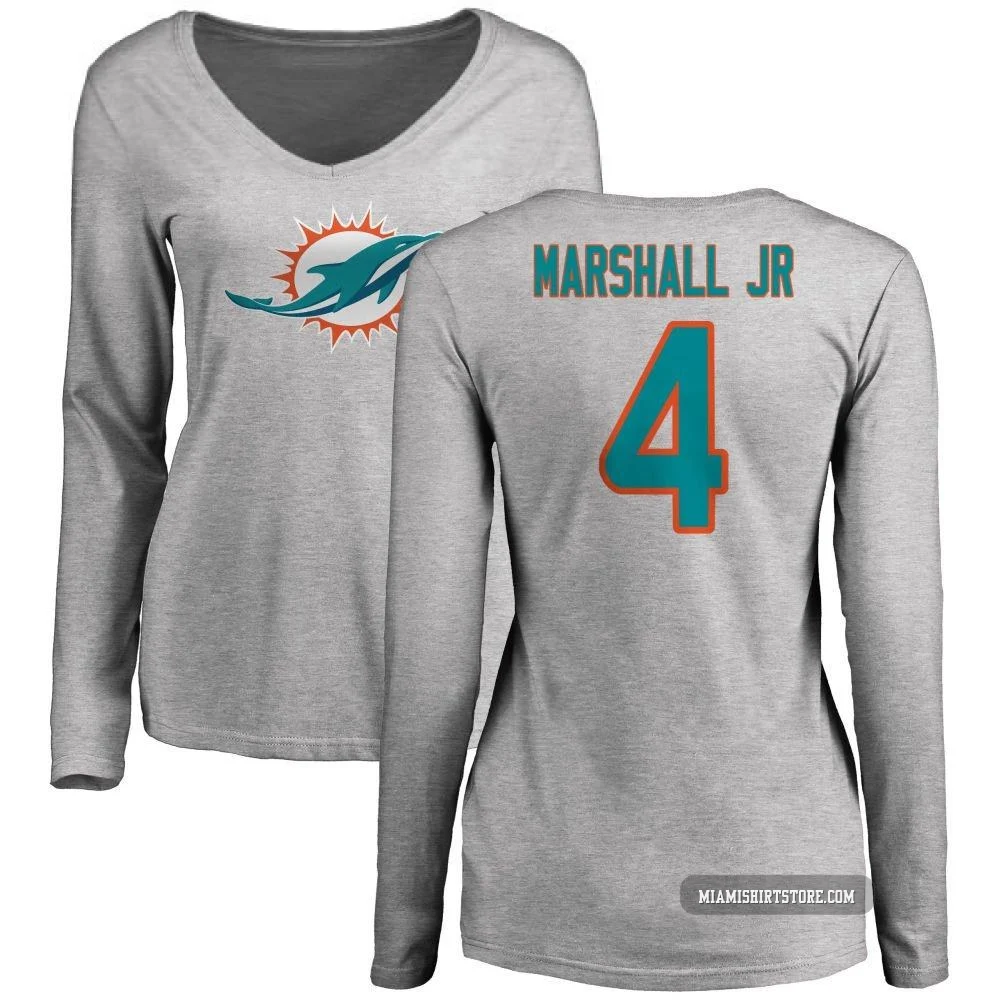 Women's Jason Marshall Jr. Miami Dolphins ＃4 Pro Line Name & Number Logo Slim Fit Long Sleeve T-Shirt - Ash