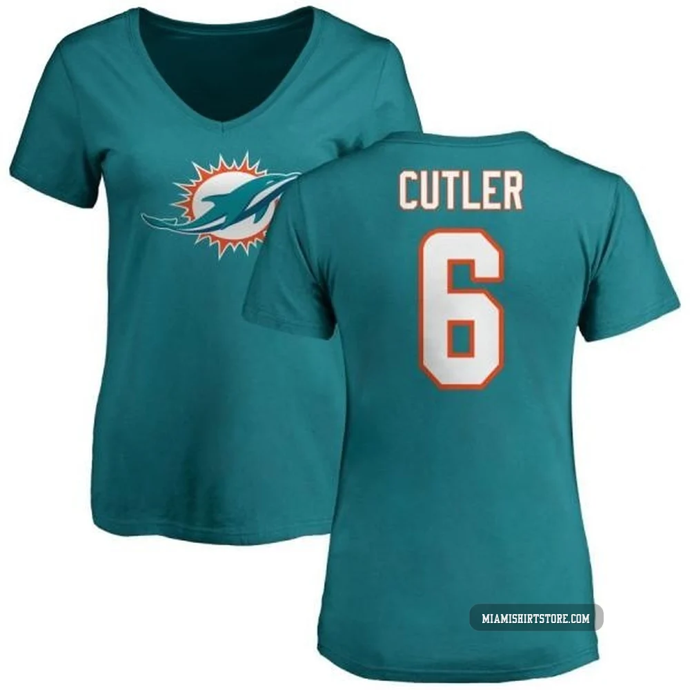 Women's Jay Cutler Miami Dolphins ＃6 Aqua Pro Line Name & Number Logo Slim Fit T-Shirt -