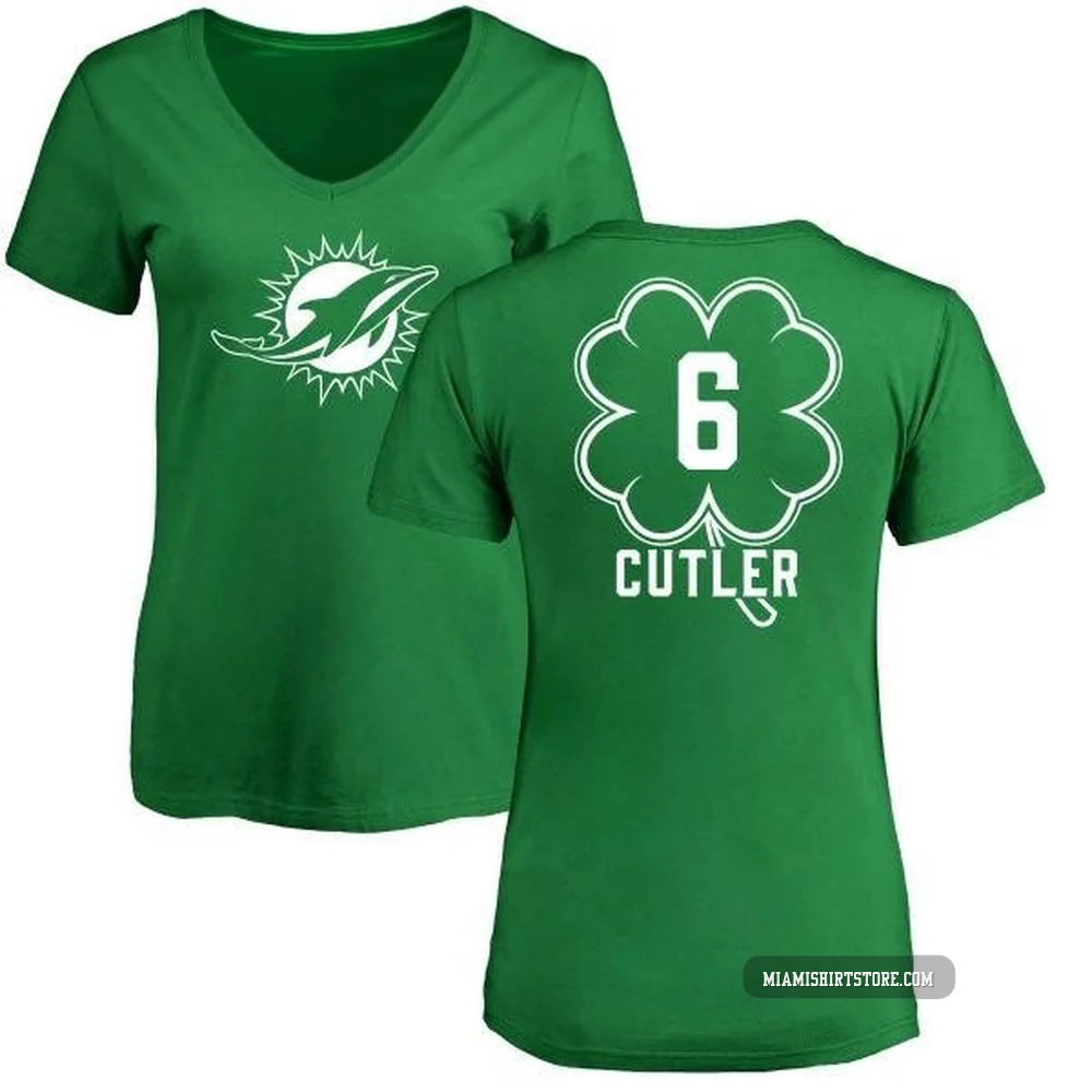 Women's Jay Cutler Miami Dolphins ＃6 Green St. Patrick's Day Name & Number V-Neck T-Shirt