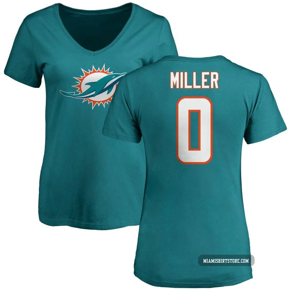Women's Jordan Miller Miami Dolphins ＃0 Aqua Pro Line Name & Number Logo Slim Fit T-Shirt -