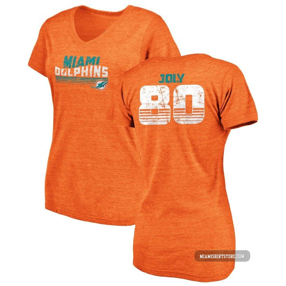 Women's Justin Joly Miami Dolphins ＃80 Orange Pro Line by Retro Tri-Blend V-Neck T-Shirt -
