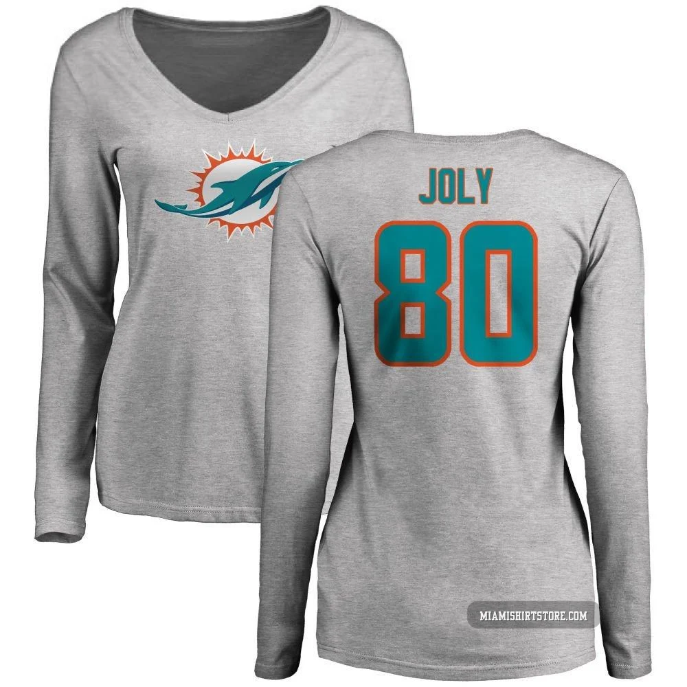 Women's Justin Joly Miami Dolphins ＃80 Pro Line Name & Number Logo Slim Fit Long Sleeve T-Shirt - Ash
