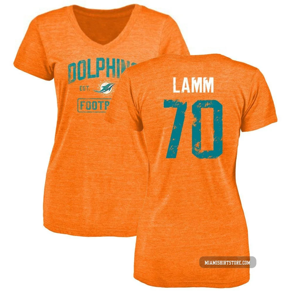Women's Kendall Lamm Miami Dolphins ＃70 Orange Distressed Name & Number Tri-Blend V-Neck T-Shirt