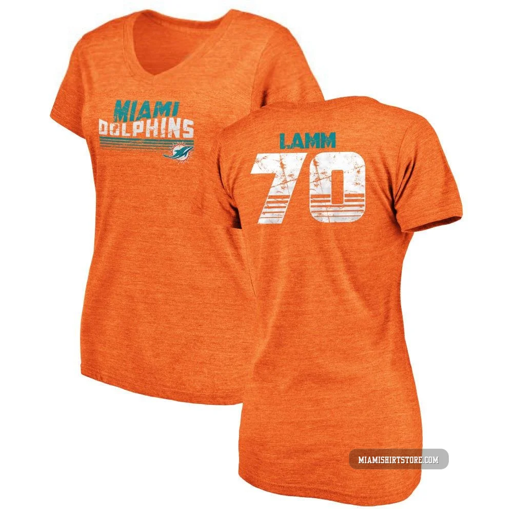 Women's Kendall Lamm Miami Dolphins ＃70 Orange Pro Line by Retro Tri-Blend V-Neck T-Shirt -