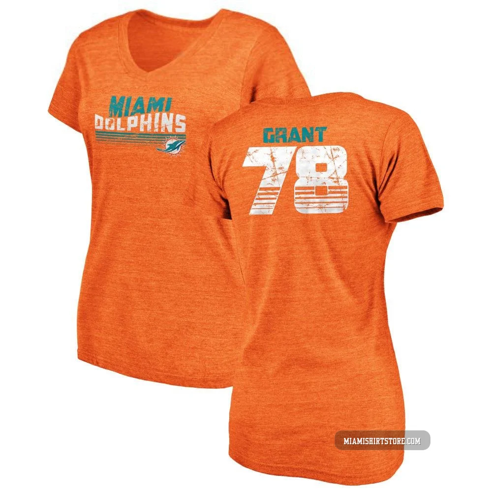Women's Kenneth Grant Miami Dolphins ＃78 Orange Pro Line by Retro Tri-Blend V-Neck T-Shirt -