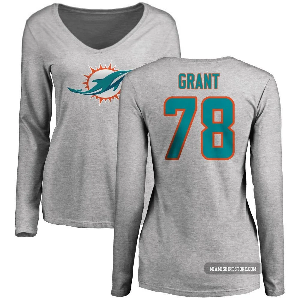 Women's Kenneth Grant Miami Dolphins ＃78 Pro Line Name & Number Logo Slim Fit Long Sleeve T-Shirt - Ash