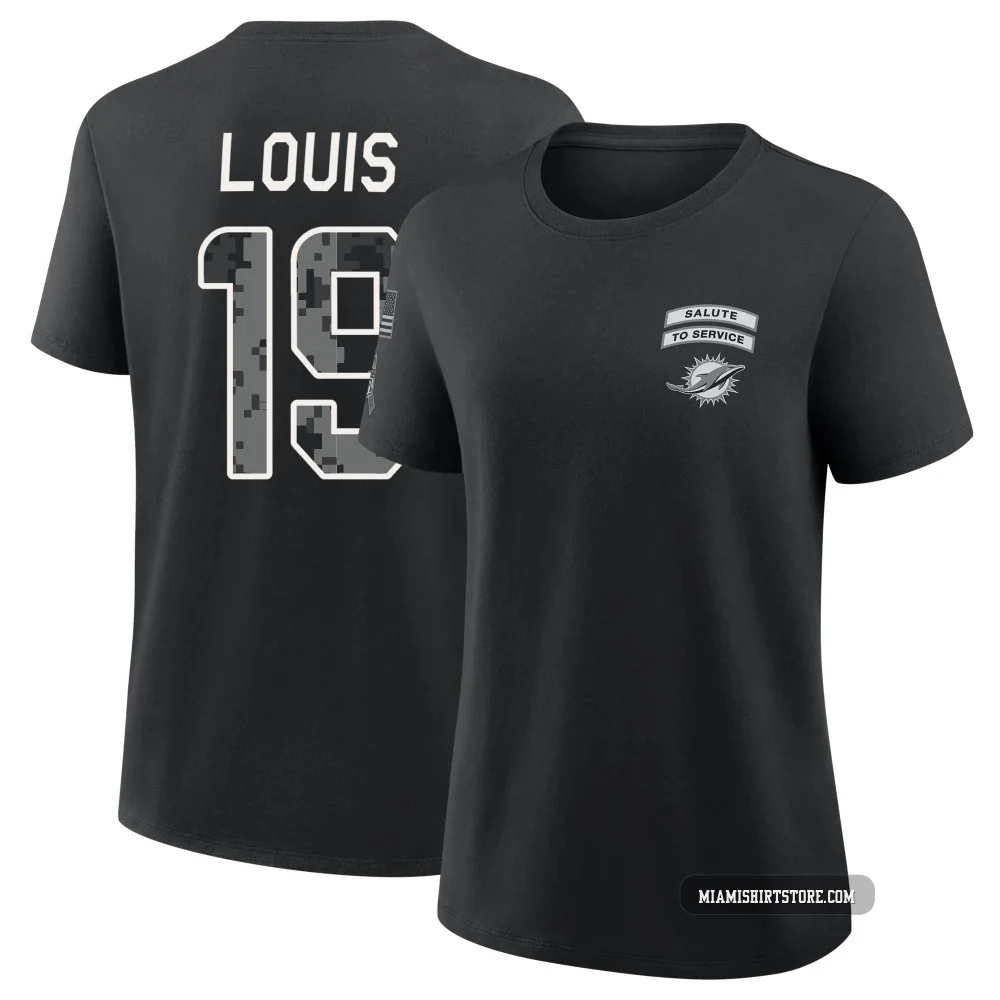 Women's Kyle Louis Miami Dolphins ＃19 Black 2026 Salute to Service T-Shirt