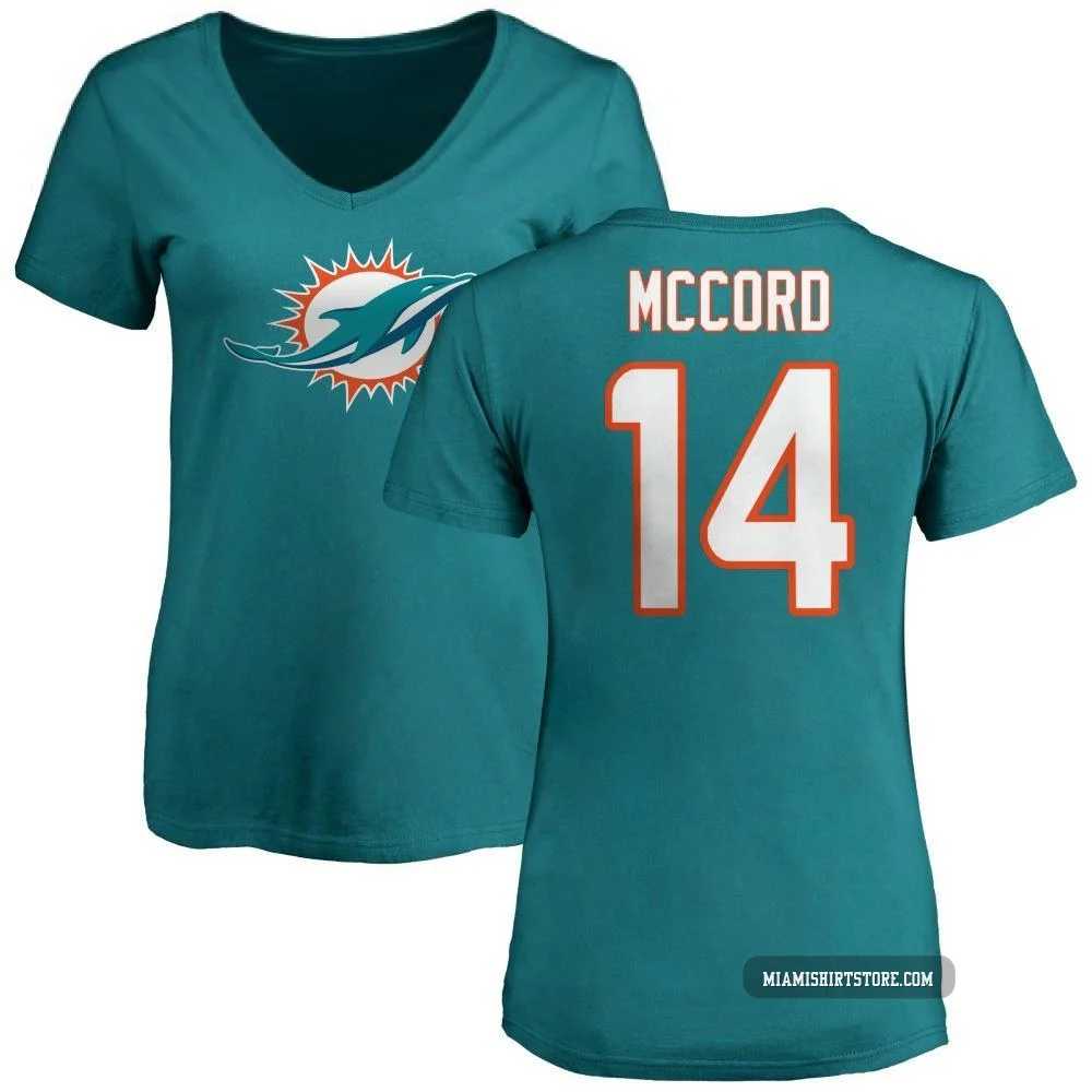 Women's Kyle McCord Miami Dolphins ＃14 Aqua Pro Line Name & Number Logo Slim Fit T-Shirt -