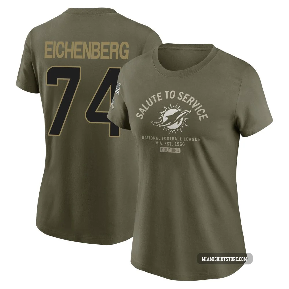 Women's Liam Eichenberg Miami Dolphins ＃74 Olive 2025 Salute to Service Sideline T-Shirt