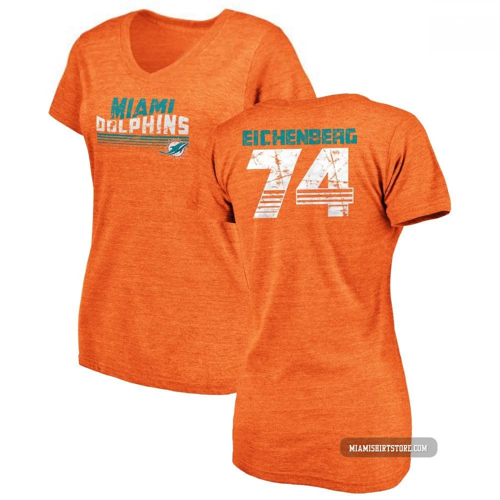 Women's Liam Eichenberg Miami Dolphins ＃74 Orange Pro Line by Retro Tri-Blend V-Neck T-Shirt -