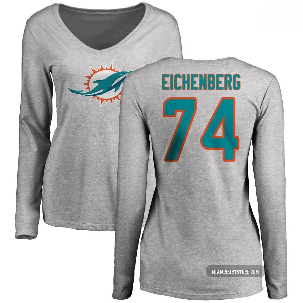 Women's Liam Eichenberg Miami Dolphins ＃74 Pro Line Name & Number Logo Slim Fit Long Sleeve T-Shirt - Ash