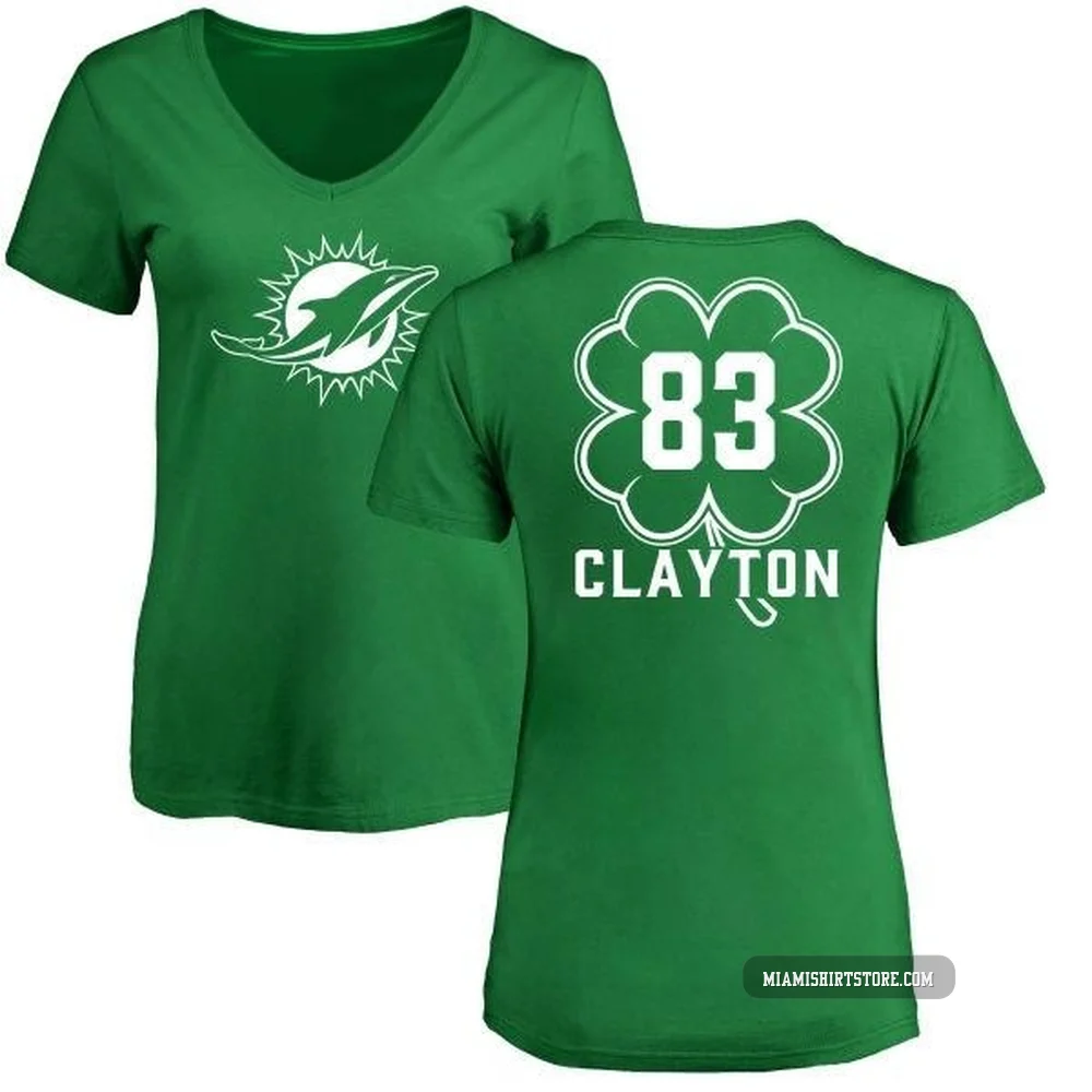 Women's Mark Clayton Miami Dolphins ＃83 Green St. Patrick's Day Name & Number V-Neck T-Shirt