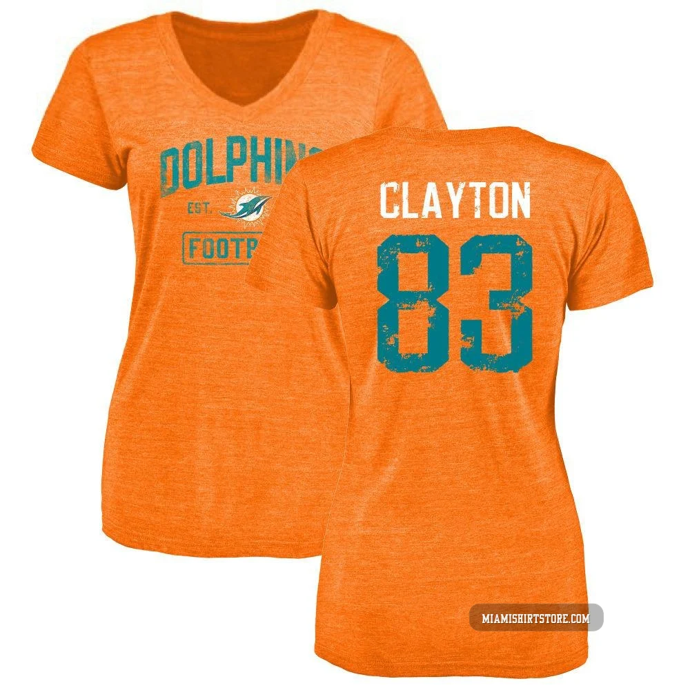 Women's Mark Clayton Miami Dolphins ＃83 Orange Distressed Name & Number Tri-Blend V-Neck T-Shirt